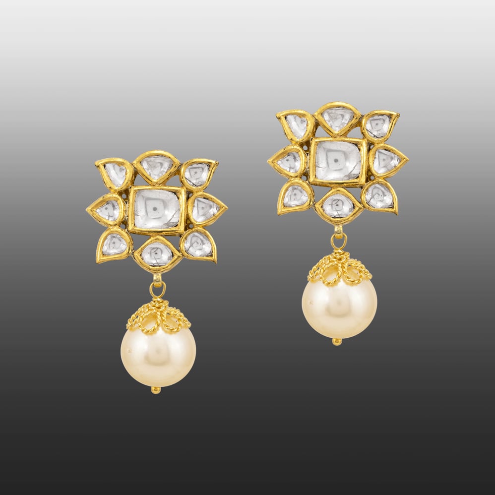 Star-Shaped Polki Earrings with Pearl Drop & Gold Detail